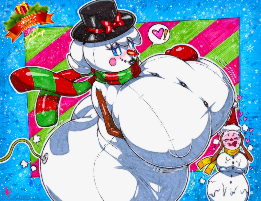 absurd_res big_breasts breasts christmas christmas_clothing christmas_headwear christmas_tree clothing duo female headgear headwear hi_res holidays humanoid inflatable inflation melting plant scarf snow snowflake snowman traditional_media_(artwork) tree walter_sache