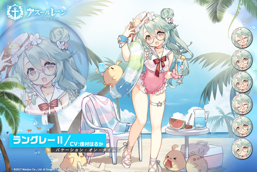 azur_lane beach chair cross-laced_sandals drink expressions food fruit glasses green_hair hair_ornament hat highres holding holding_drink innertube langley_(azur_lane) langley_ii_(azur_lane) manjuu_(azur_lane) official_art palm_tree popsicle promotional_art ribbon sand saru swimsuit tree watermelon watermelon_slice