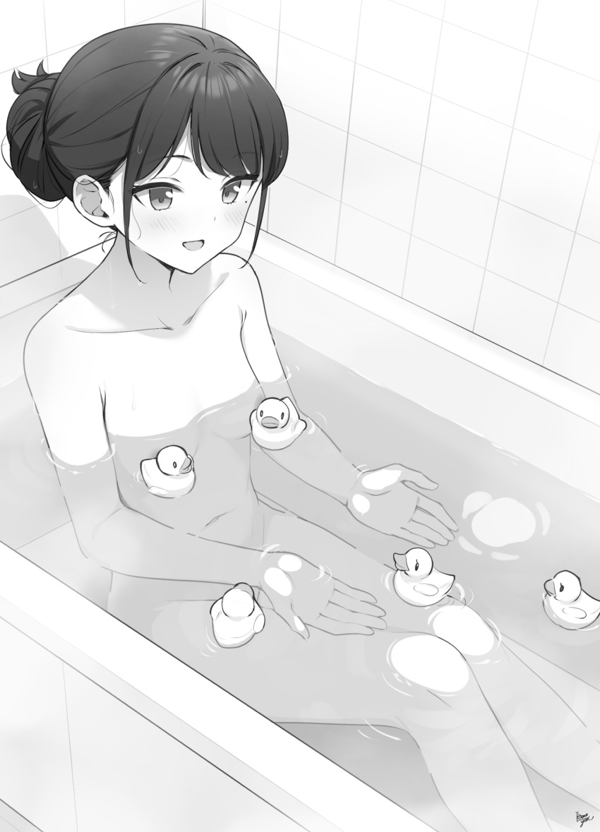 1girl :d bangs bath bathing bathtub blush breasts collarbone commentary_request feet_out_of_frame greyscale groin hair_bun highres indoors knees_up mole mole_under_eye monochrome navel original partially_submerged rubber_duck sitting small_breasts smile solo swept_bangs takenoko_no_you tile_wall tiles water