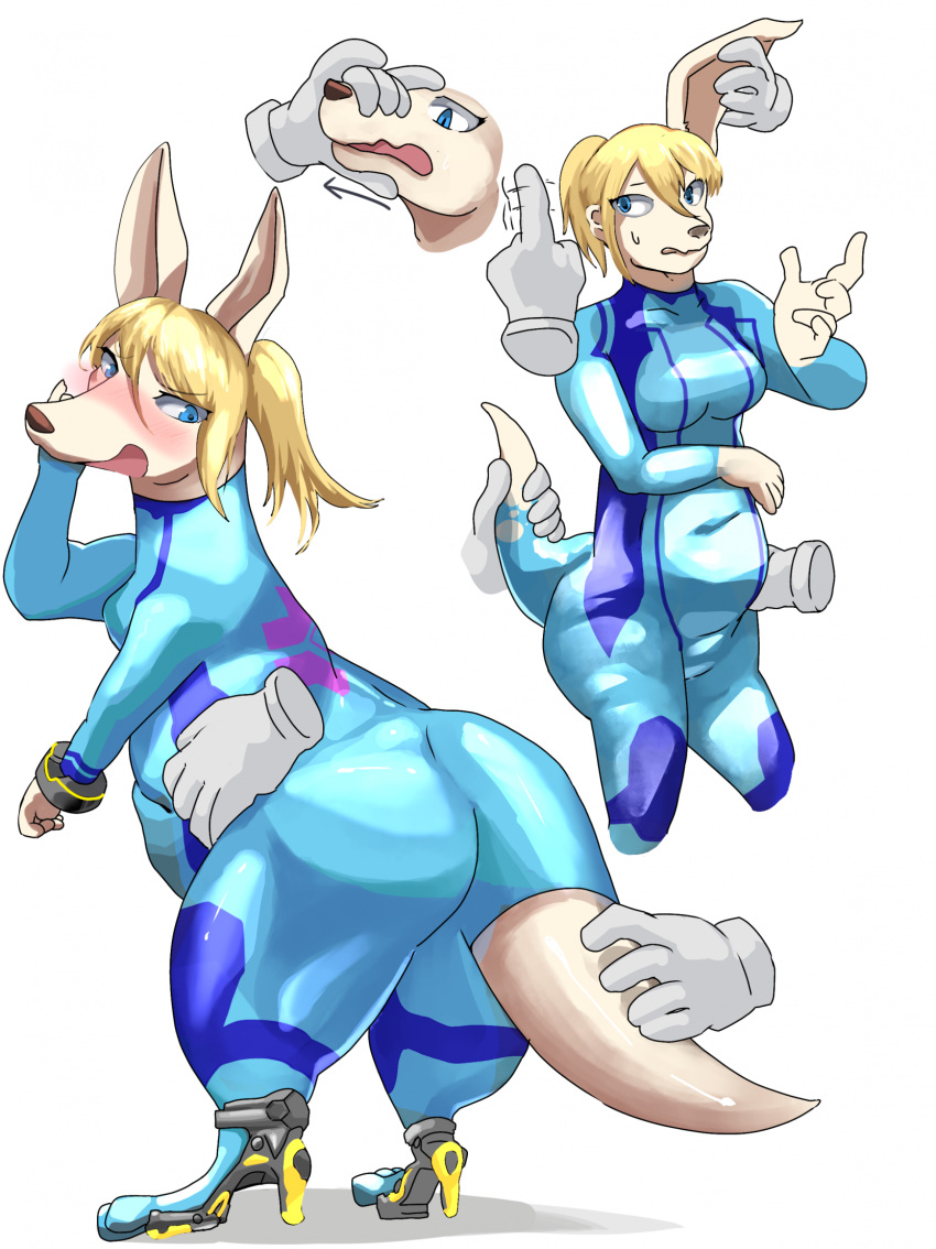 anthro big_butt blonde_hair blue_eyes breasts butt clothing disembodied_hand female footwear growth hair hand_on_face hi_res high_heels human kangaroo long_ears macropod mammal marsupial metroid nexusthelife nintendo open_mouth pale_skin ponytail pouch_(anatomy) rear_view samus_aran simple_background solo species_transformation standing surprise tail_growth thick_thighs tight_clothing touching_face transformation transformation_sequence video_games white_background wide_hips zero_suit