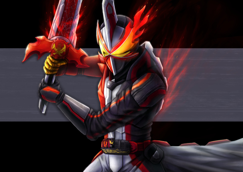 1boy armor asymmetrical_armor asymmetrical_gloves black_armor black_background bodysuit book brave_dragon driver_(kamen_rider) fighting_stance fire gloves glowing glowing_eyes grey_background kaenken_rekka kamen_rider kamen_rider_saber kamen_rider_saber_(series) masash-1995 mismatched_gloves multicolored_clothes red_armor rider_belt sheath stylistic tokusatsu two-tone_background upper_body visor_(armor) wonder_ride_book yellow_eyes yellow_gloves