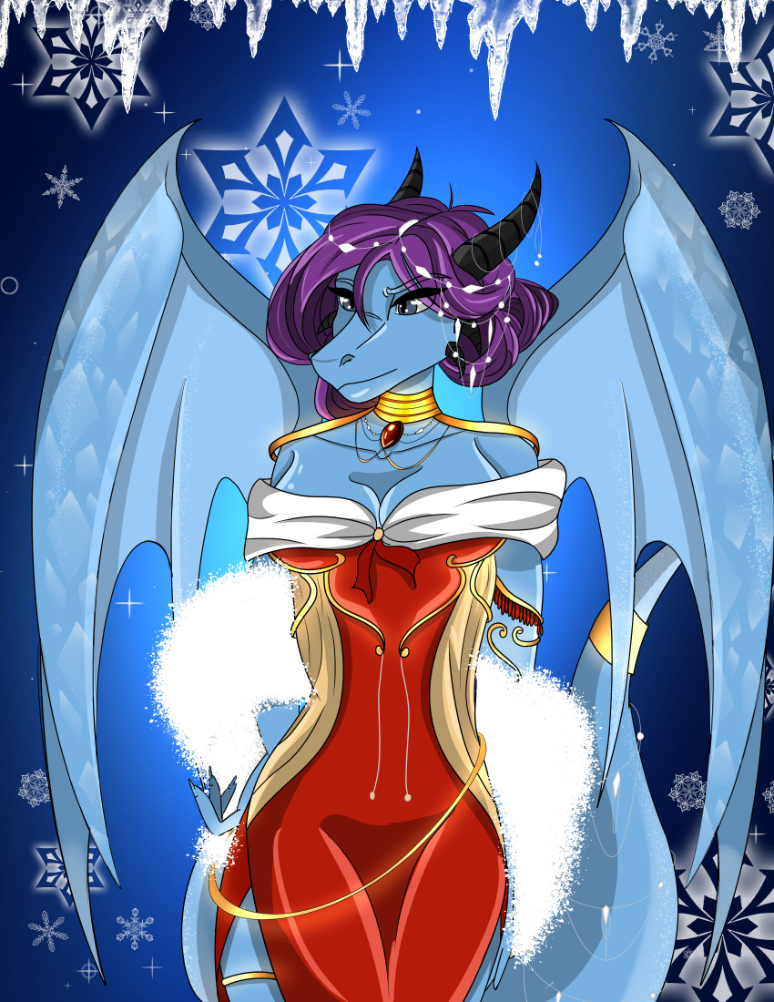 aavie absurd_res accessory anthro christmas christmas_clothing classy clothing dragon dress female furgonomics hi_res holidays horn jewelry katrina_star narrowed_eyes necklace pinup pose ring scarf sexy_eyes solo tail_accessory tail_jewelry tail_ring wings