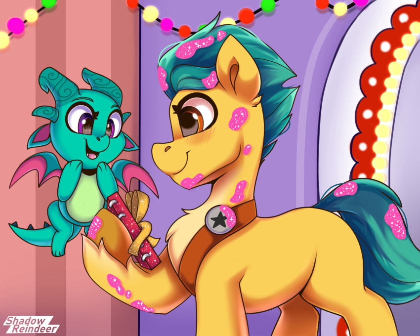 badge brown_eyes christmas_present dragon earth_pony equid equine fur gift green_body green_scales hasbro hi_res hitch_trailblazer_(mlp) hooves horn horse male mammal membrane_(anatomy) membranous_wings mlp_g5 my_little_pony pony sash scales shadowreindeer sheriff_badge sparky_sparkeroni_(mlp) turquoise_hair wings yellow_body yellow_fur