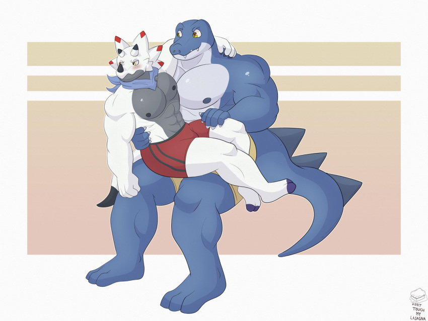 abs anthro anthrofied bandai_namco blue_body blue_scales blush clothing digimon digimon_(species) dinosaur donttouchmylasagna duo embarrassed gammamon horn male male/male muscular muscular_anthro muscular_male nipples on_lap pecs reptile scales scalie underwear white_body