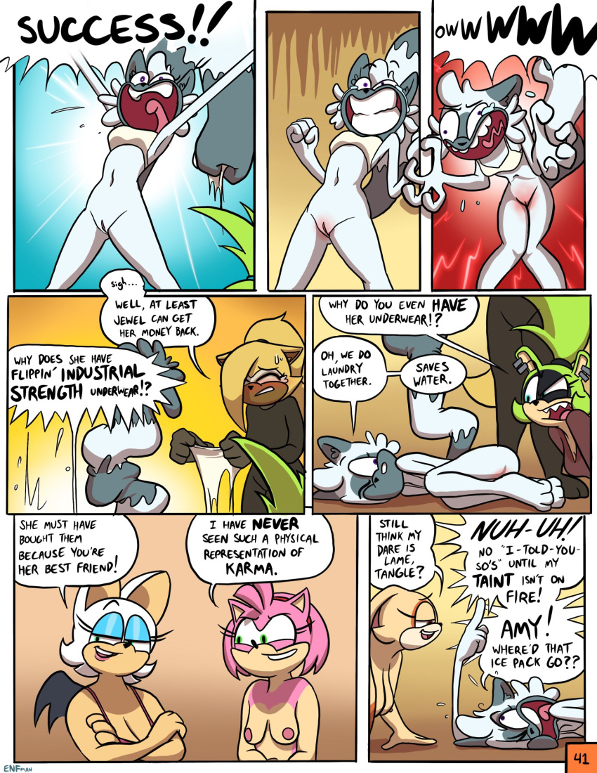 afrosoricid amy_rose anthro bat blush bodily_fluids bra breasts burn canid canine canis clothing colored comic cream_the_rabbit delayed_reaction dialogue embarrassed english_text eulipotyphlan feet female fur genitals green_body green_fur grey_body grey_fur group hair hedgehog hi_res holding_pussy idw_publishing inside lagomorph lemur leporid lying mammal nipples on_side pain pajamas panties pink_body pink_fur primate pussy rabbit rouge_the_bat sega signature sonic_the_hedgehog_(comics) sonic_the_hedgehog_(idw) sonic_the_hedgehog_(series) speech_bubble strepsirrhine surge_the_tenrec tan_body tan_fur tangle_the_lemur tears tenrec text theenfman torn_clothing torn_panties torn_underwear truth_or_dare underwear whisper_the_wolf wolf yelling