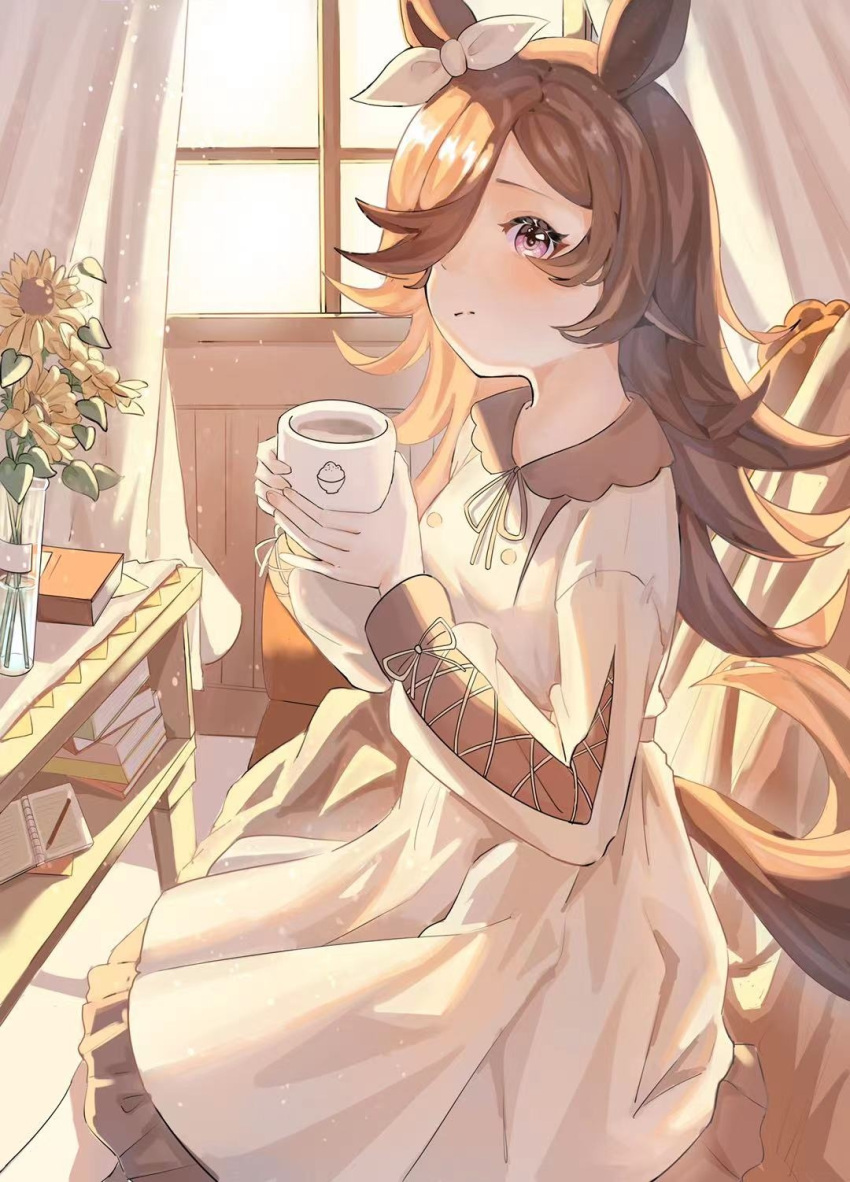 1girl animal_ears backlighting brown_dress casual chinese_commentary closed_mouth commentary cup curtains dress ear_ribbon flower frilled_dress frills from_side hair_over_one_eye highres holding holding_cup horse_ears horse_girl horse_tail indoors kiokpro long_hair long_sleeves looking_at_viewer making-of_available medium_dress purple_eyes ribbon rice_shower_(umamusume) sitting solo tail umamusume vase white_ribbon wind window yellow_flower