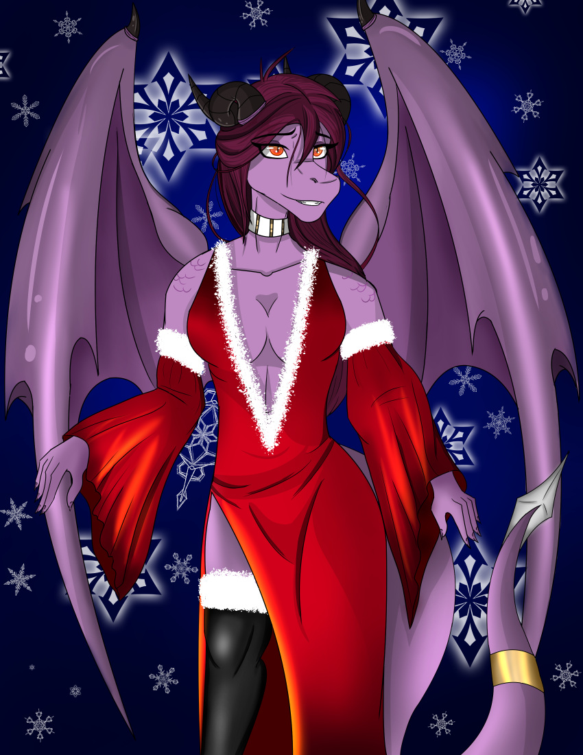 absurd_res anthro breasts choker christmas cleavage clothed clothing dragon dress female hair hi_res holidays horn jewelry katrina_star markings necklace purple_hair ring_(marking) ringtail shaded slit soft_shading solo sydi tail tail_markings wings