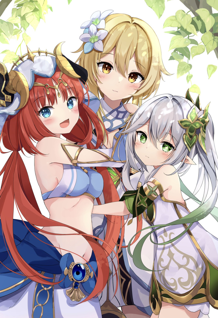 3girls :d bangs bare_shoulders blonde_hair bloomers blue_bow blue_eyes blue_gemstone blue_skirt blush bow breasts circlet cleavage closed_mouth colored_tips commentary_request cowboy_shot cross-shaped_pupils detached_sleeves dress expressionless floating_hair flower gem genshin_impact gold_trim gradient_hair green_eyes green_hair green_sleeves grey_hair hair_between_eyes hair_flower hair_intakes hair_ornament happy harem_outfit highres horns hyurasan leaf lily_(flower) long_hair long_sleeves looking_at_viewer low_twintails lumine_(genshin_impact) medium_breasts multicolored_hair multiple_girls nahida_(genshin_impact) navel nilou_(genshin_impact) open_mouth parted_bangs pointy_ears puffy_long_sleeves puffy_sleeves red_hair short_dress short_hair_with_long_locks short_sleeves side_ponytail sidelocks skirt smile stomach symbol-shaped_pupils tree twintails two-tone_dress two-tone_hair underwear veil white_background white_bloomers white_dress white_flower white_hair white_headwear yellow_eyes