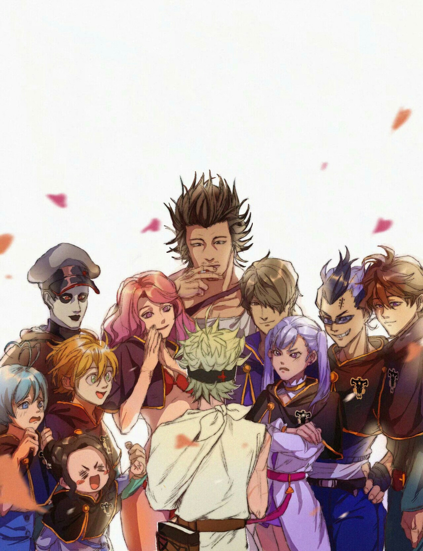 antenna_hair asta_(black_clover) back_turned bangs black_bull_(emblem) black_capelet black_clover black_eyes black_hair black_headband blonde_hair blue_eyes blue_hair blush bra brown_hair caosishao capelet charmy_pappitson cigarette closed_eyes crossed_arms dress everyone facial_hair finral_roulacase gauche_adlai gordon_agrippa green_eyes grey_(black_clover) grey_hair grey_headwear hair_bun hair_over_eyes headband highres holding holding_cigarette jacket long_bangs looking_at_another luck_voltia magna_swing multicolored_hair noelle_silva open_mouth pink_hair purple_dress purple_eyes purple_hair red_bra single_hair_bun smile spiked_hair stubble tank_top twintails underwear vanessa_enoteca white_background white_jacket white_tank_top yami_sukehiro