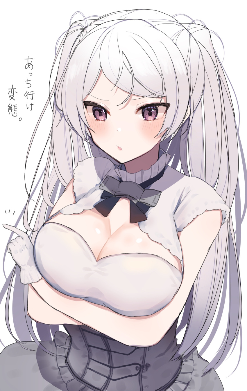 1girl absurdres breast_hold breasts brown_eyes cleavage cleavage_cutout clothing_cutout conte_di_cavour_(kancolle) conte_di_cavour_nuovo_(kancolle) crossed_arms dress frilled_dress frills gloves grey_dress highres kantai_collection large_breasts layered_dress long_hair qqqmei sleeveless sleeveless_dress solo translation_request two-tone_dress two_side_up upper_body white_dress white_gloves
