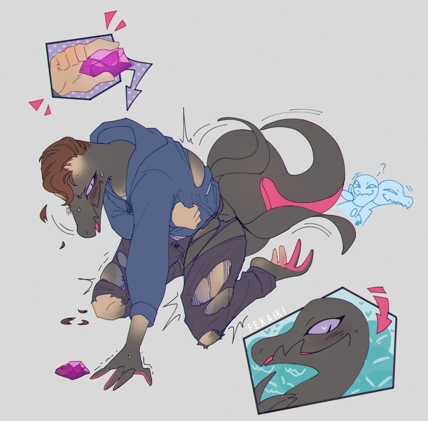 ambiguous_gender anthro black_body black_scales bodily_fluids clothed clothing fekaiki gem generation_7_pokemon hi_res hoodie human human_to_anthro kneeling lizard mammal nintendo pokemon pokemon_(species) pupils purple_eyes reptile salazzle scales scalie simple_background slit_pupils solo species_transformation sweat thick_tail topwear torn_clothing transformation video_games