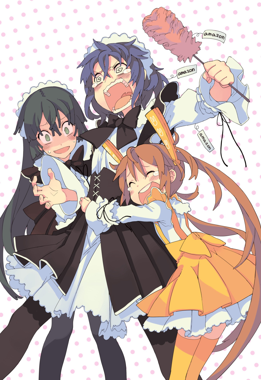 3girls :d @_@ absurdres aihara_enju alternate_costume amazon_(company) arm_up black_bow black_bowtie black_bullet blue_hair blush blush_stickers bow bowtie brown_hair character_request commentary_request dark_green_hair duster enmaided feet_out_of_frame furrowed_brow green_eyes hair_between_eyes happy height_difference highres holding holding_duster hug long_hair maid maid_headdress morino_hon multiple_girls open_mouth pantyhose polka_dot polka_dot_background round_teeth satomi_rentarou simple_background smile tears teeth tongue twintails uvula very_long_hair waitress