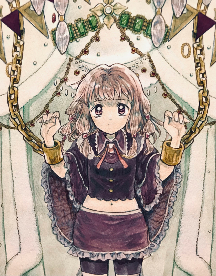 1girl bangs bike_shorts_under_skirt black_shorts buttons chain chained chained_wrists closed_mouth collared_shirt cowboy_shot crop_top dot_nose frilled_skirt frilled_sleeves frills gem green_gemstone hands_up highres looking_at_viewer low_tied_sidelocks magia_record:_mahou_shoujo_madoka_magica_gaiden magical_girl mahou_shoujo_madoka_magica medium_hair miniskirt multi-tied_hair navel neck_ribbon pink_eyes pink_gemstone pink_hair purple_skirt red_gemstone red_ribbon ribbon shirt shitori_egumo_(madoka_magica) shorts shorts_under_skirt sidelocks skirt solo straight-on swept_bangs tamaki_ui traditional_media uwded_207 wide_sleeves witch_(madoka_magica)