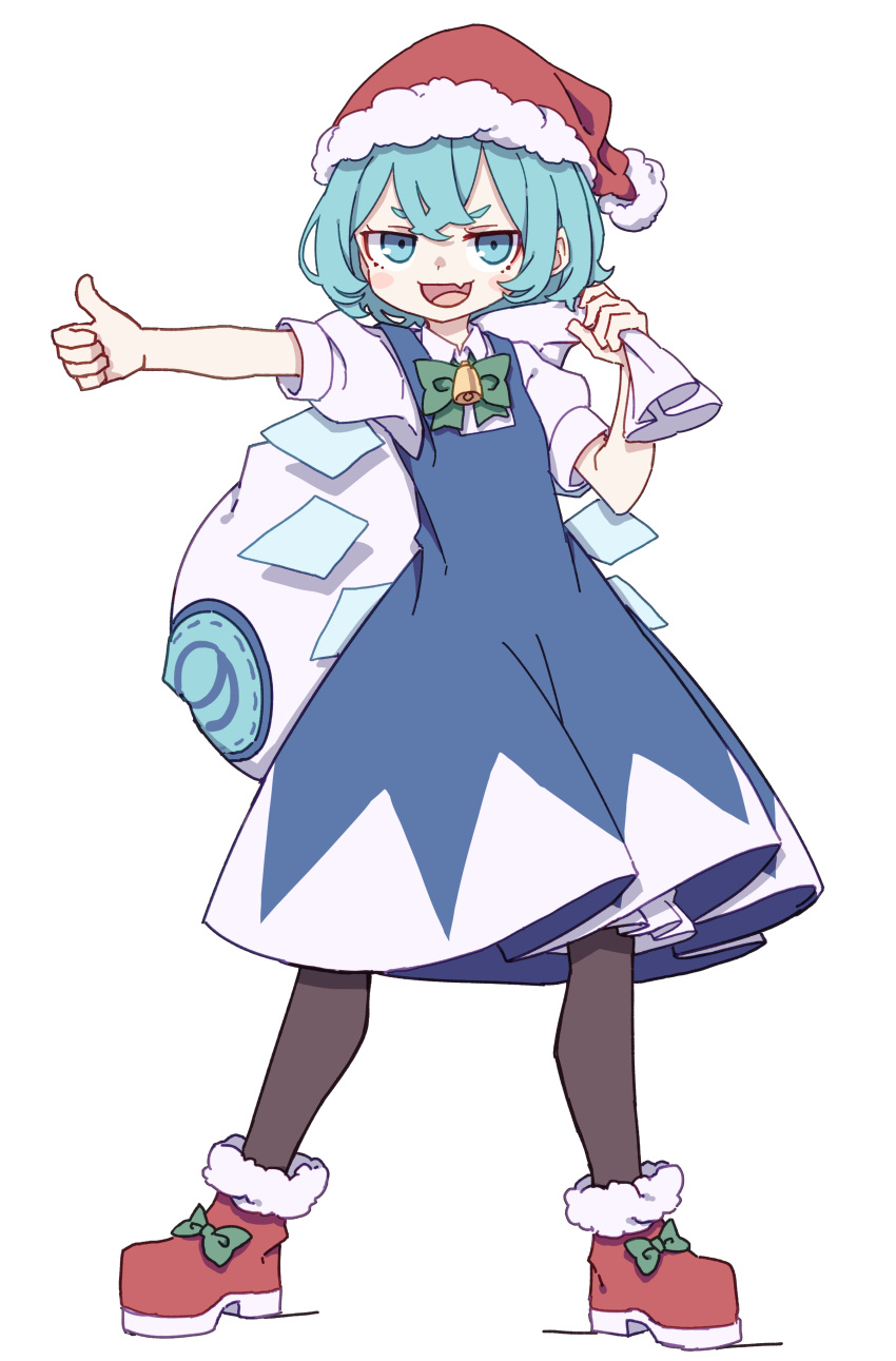 1girl :d absurdres blue_dress blue_eyes blue_hair cirno detached_wings dress fang full_body fur_trim hat highres ice ice_wings kame_(kamepan44231) looking_at_viewer one-hour_drawing_challenge open_mouth pinafore_dress red_footwear red_headwear sack santa_hat shirt short_sleeves simple_background skin_fang smile solo standing thumbs_up touhou white_background white_shirt wings