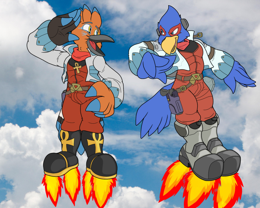 belt boots clothing cloud duo falco_lombardi flight_suit flying footwear hi_res holstered_pistol how-did-we-get-here jacket jewelry male nintendo regdeh rocket_boots scarf star_fox topwear video_games