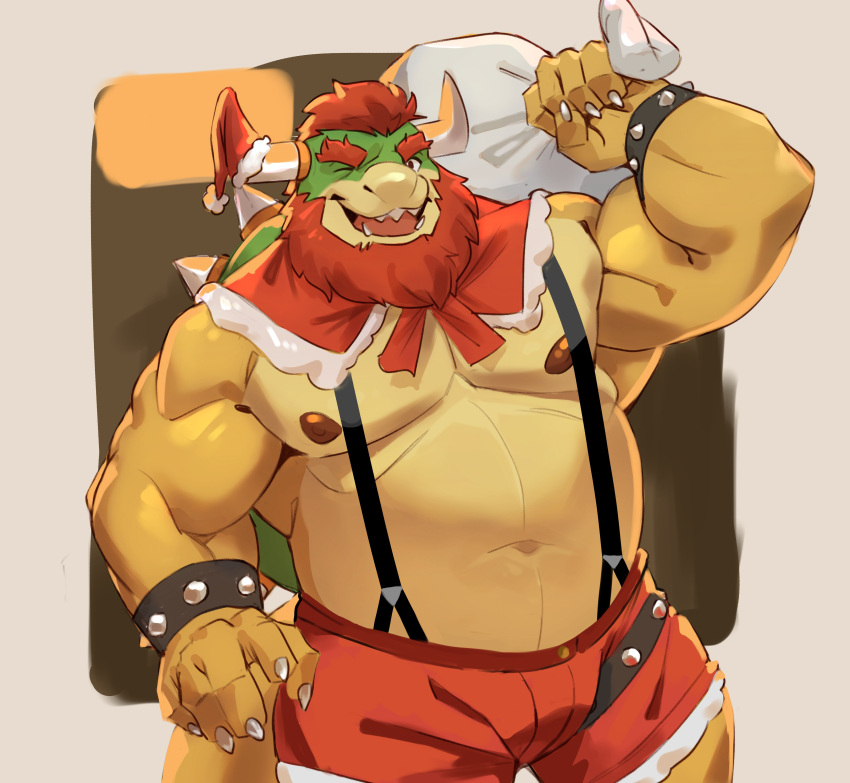 2022 absurd_res anthro beard biceps bottomwear bowser bracelet christmas christmas_clothing christmas_headwear clothing facial_hair hair hat headgear headwear hi_res holidays horn jewelry koopa lhjal2 looking_at_viewer male manly mario_bros musclegut muscular nintendo nipples one_eye_closed open_mouth pecs red_hair sack santa_hat scalie sharp_teeth shorts simple_background slightly_chubby smily solo spiked_bracelet spikes standing suspenders teeth triceps video_games wink