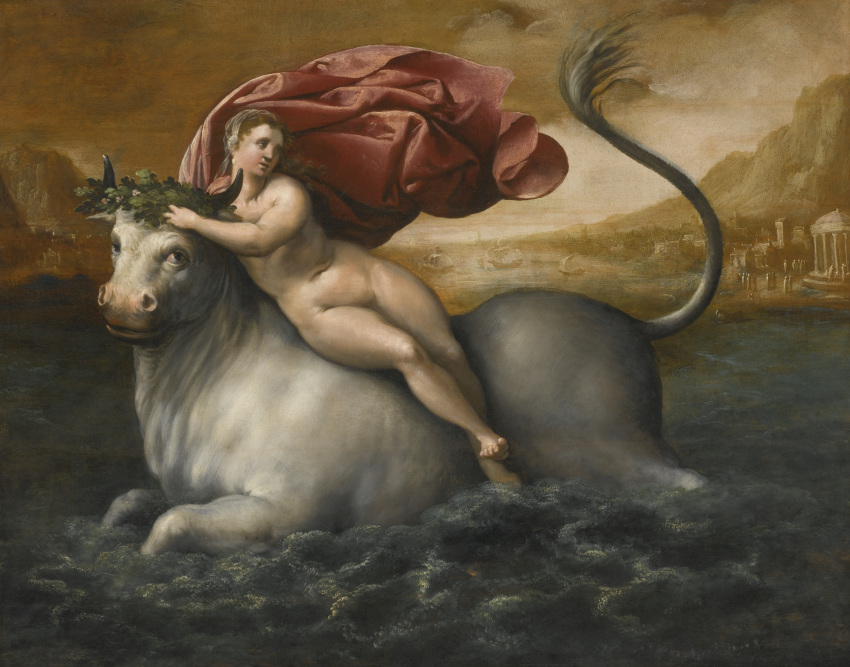16th_century 5_toes ancient_art biped bovid bovine brown_hair cattle detailed_background duo europa_(mythology) european_mythology feet female feral gillis_coignet greek_mythology hair hi_res horn human light_body light_skin looking_back male mammal mythology navel nude oil_painting_(artwork) outside painting_(artwork) partially_submerged public_domain quadruped riding_on_back ship toes traditional_media_(artwork) vehicle water watercraft wreath zeus