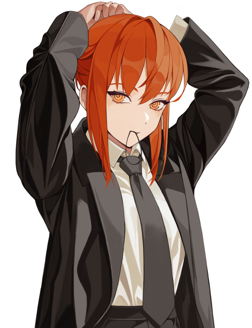 1girl absurdres arms_up bangs black_jacket black_necktie black_skirt chainsaw_man closed_mouth collared_shirt commentary english_commentary eyebrows_hidden_by_hair formal hair_between_eyes hair_tie hair_tie_in_mouth highres jacket long_sleeves looking_at_viewer makima_(chainsaw_man) mouth_hold naeng_chim necktie open_clothes open_jacket orange_eyes orange_hair photo-referenced pleated_skirt ringed_eyes shirt simple_background skirt skirt_suit solo suit white_background white_shirt