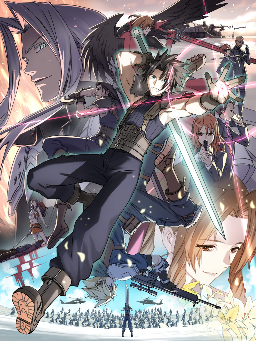 3girls 6+boys absurdres aerith_gainsborough aircraft angeal_hewley armor army baton buster_sword cissnei cloud_strife commentary_request crisis_core_final_fantasy_vii decoponmagi final_fantasy final_fantasy_vii flower formal genesis_rhapsodos gloves glowing glowing_hand gun handgun helicopter highres looking_at_viewer multiple_boys multiple_girls reno_(ff7) rifle rude_(ff7) sephiroth shinra_infantry_uniform shoulder_armor single_wing sleeveless sleeveless_turtleneck smile spiked_hair suit sword tifa_lockhart tseng turtleneck weapon weapon_on_back wings zack_fair