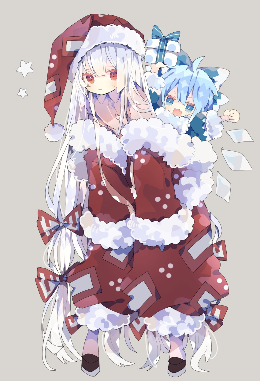 2girls :d :| absurdly_long_hair adapted_costume ahoge arms_up baggy_pants bangs blue_bow blue_coat blue_eyes blue_hair bow carrying cirno closed_mouth coat collared_shirt commentary_request fang fujiwara_no_mokou full_body fur-trimmed_coat fur-trimmed_headwear fur_trim gift grey_shirt hair_bow hat highres holding holding_gift ice ice_wings long_hair long_sleeves looking_at_viewer medium_hair multiple_girls nikorashi-ka ofuda ofuda_on_clothes pants piggyback red_eyes red_headwear red_pants santa_hat shirt simple_background skin_fang smile star_(symbol) sweatdrop tan_background touhou v-shaped_eyebrows very_long_hair white_hair wings winter_clothes