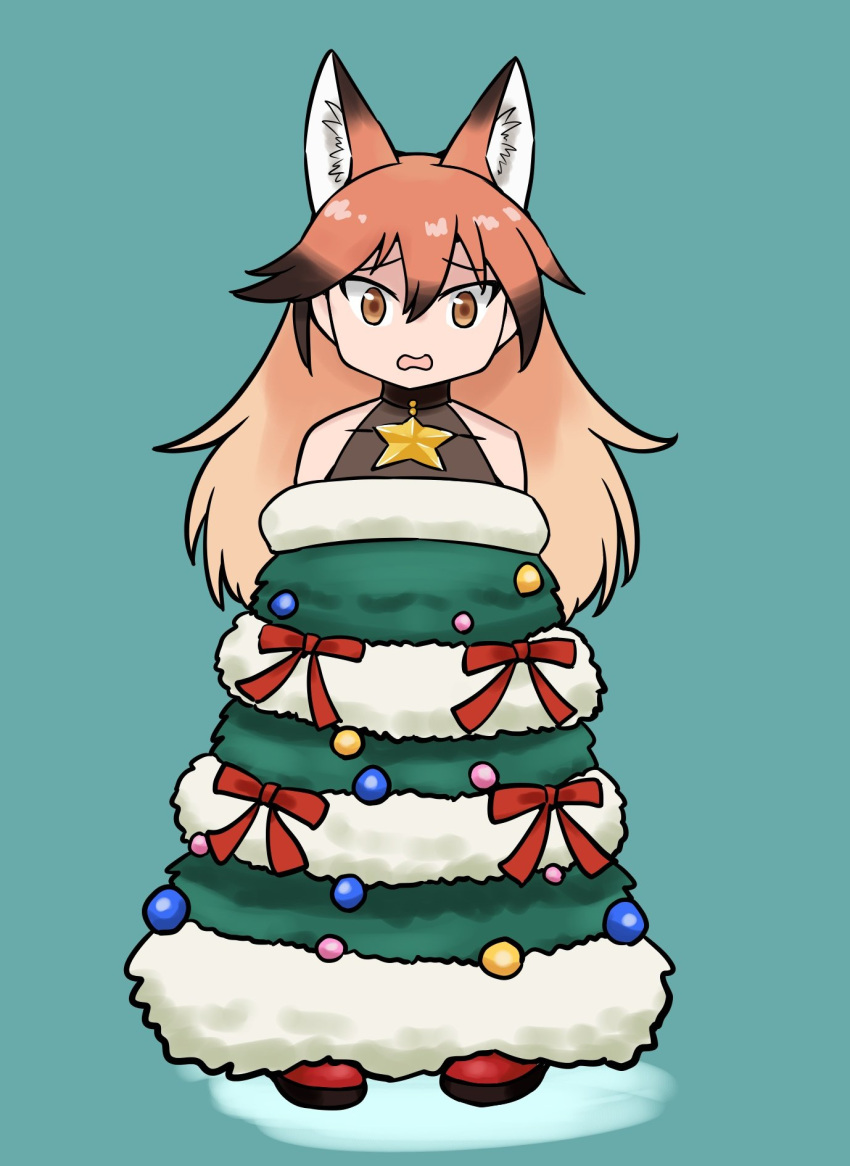 1girl animal_ears bare_shoulders black_choker blush brown_hair choker christmas_tree_costume commentary_request dress extra_ears fox_ears fox_girl fur_trim gravi_pig4891 green_dress hair_between_eyes highres jewelry kemono_friends kemono_friends_3 long_hair multicolored_hair necklace official_alternate_costume orange_eyes orange_hair red_fox_(kemono_friends) sidelocks sleeveless solo star_(symbol) star_necklace white_fur