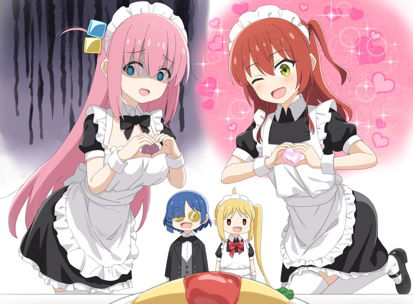 4girls ;d ahoge alternate_costume apron black_bow black_dress black_footwear black_jacket blonde_hair blue_eyes blue_hair blush bocchi_the_rock! bow breasts collared_dress collared_shirt commentary_request cube_hair_ornament dress dress_shirt enmaided food formal frilled_apron frills gloom_(expression) gotou_hitori green_eyes grey_vest hair_ornament hair_over_one_eye heart heart_hands heijialan highres ijichi_nijika jacket kita_ikuyo long_hair maid maid_apron maid_headdress medium_breasts multiple_girls omelet omurice one_eye_closed one_side_up open_clothes open_jacket puffy_short_sleeves puffy_sleeves red_bow red_eyes red_hair shaded_face shirt shoes short_sleeves side_ponytail smile sparkle standing standing_on_one_leg suit thighhighs very_long_hair vest white_shirt white_thighhighs yamada_ryou