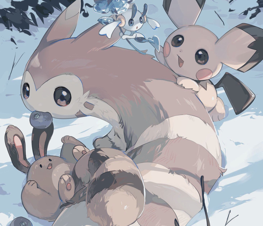 :d berry_(pokemon) commentary floette floette_(blue) fur furret hideko_(l33l3b) highres looking_at_another mouth_hold no_humans open_mouth oran_berry pichu pokemon pokemon_(creature) reaching sentret smile snow