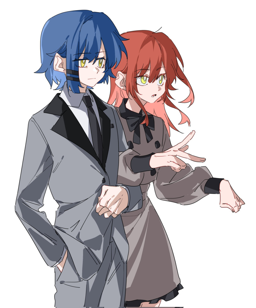 2girls :o bangs blue_hair bocchi_the_rock! bow bowtie buttons closed_mouth coat collar collared_jacket collared_shirt double-breasted ear_piercing formal frills grey_jacket grey_pants hair_ornament highres jacket kita_ikuyo locked_arms long_hair long_sleeves molu_stranger multiple_girls necktie open_mouth overcoat pants parted_lips piercing puffy_long_sleeves puffy_sleeves red_hair shirt short_hair sidelocks suit suit_jacket white_background yamada_ryou yellow_eyes