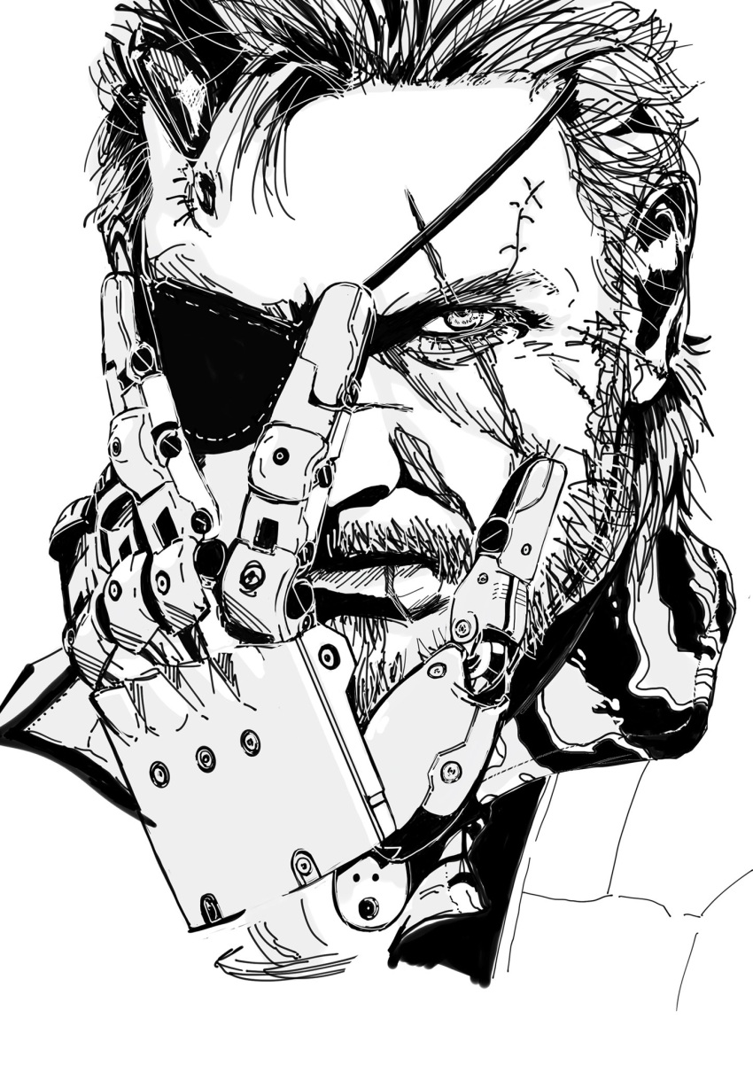 1boy beard eyepatch facial_hair greyscale hair_behind_ear hand_on_own_face highres jacket male_focus mechanical_hands metal_gear_(series) metal_gear_solid_v:_the_phantom_pain monochrome mustache one_eye_covered portrait scar scar_across_eye scar_on_face scar_on_mouth scarf solo venom_snake white_background yuzuki_168