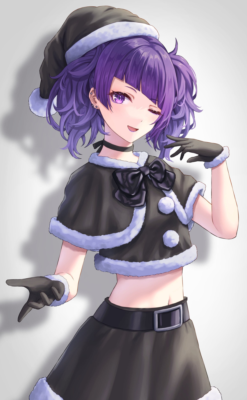 1girl absurdres bangs black_gloves black_santa_costume bow bowtie choker christmas commentary_request crop_top diagonal_bangs fur-trimmed_headwear fur_trim gloves grey_background hat highres idolmaster idolmaster_shiny_colors looking_at_viewer navel one_eye_closed purple_eyes purple_hair santa_costume santa_hat shadow short_twintails simoumi_217 solo stomach tanaka_mamimi twintails