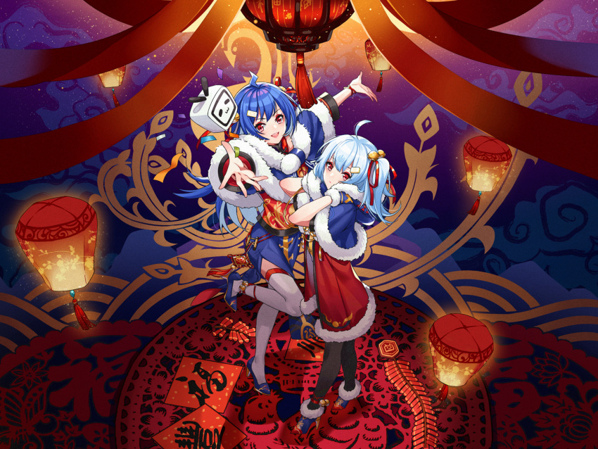 2girls :d ahoge animal_print ankle_bell anklet arms_up bell bili_girl_22 bili_girl_33 bilibili bird_print black_thighhighs blue_cloak blue_coat blue_dress blue_footwear blue_hair blue_mittens bracelet chest_cutout china_dress chinese_clothes chinese_knot chinese_new_year cloak coat dao_fu dress expressionless eyeshadow from_above full_body fur-trimmed_cloak fur-trimmed_coat fur-trimmed_footwear fur-trimmed_mittens fur_trim hair_bell hair_ornament hair_ribbon hands_on_own_cheeks hands_on_own_face high_heels hooded_coat jewelry lantern leg_up lightning_ahoge long_dress long_hair looking_at_viewer makeup mittens multiple_girls official_art outstretched_arms paper_lantern pelvic_curtain red_coat red_dress red_eyes red_eyeshadow red_nails red_ribbon ribbon short_dress short_hair short_sleeves side_ponytail sky_lantern smile standing standing_on_one_leg thighhighs two-tone_coat two-tone_dress white_hair white_thighhighs xiao_dianshi