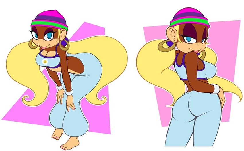 1girl ass beanie beanie_cap bent_over big_breasts blonde_hair breasts cap clothes donkey_kong_(series) donkey_kong_64 earrings furry hat jewelry large_breasts monkey nintendo pigtails pose short_twintails solo tiny_kong twintails wrist_cuffs