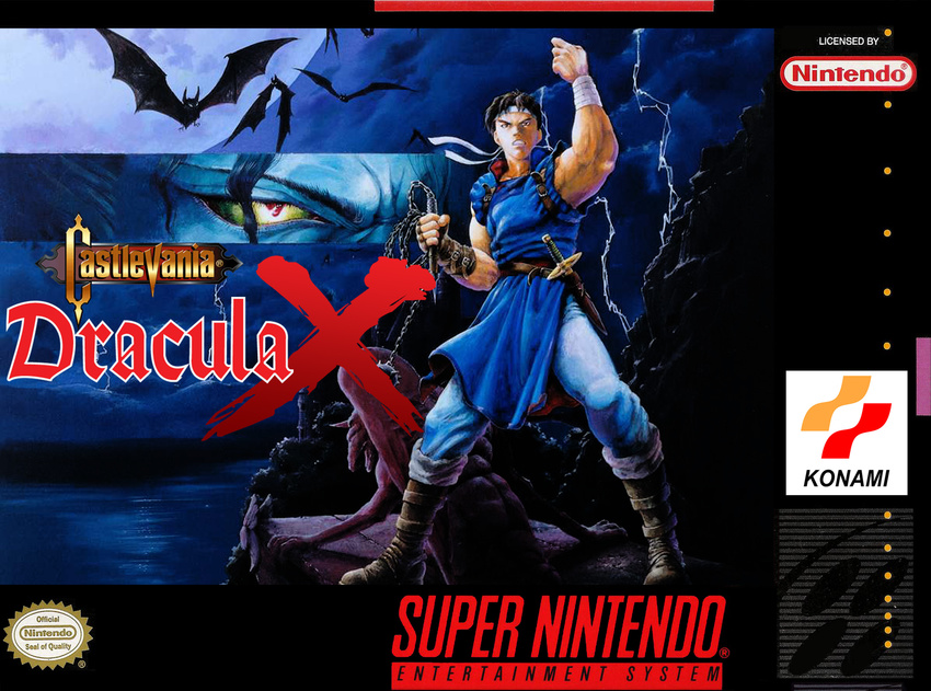 90s akumajo_dracula bandana bandanna box_cover castle castlevania classic cover dracula evil_eye game game_cover highres konami male male_focus man muscle richter_belmondo richter_belmont snes super_nintendo whip