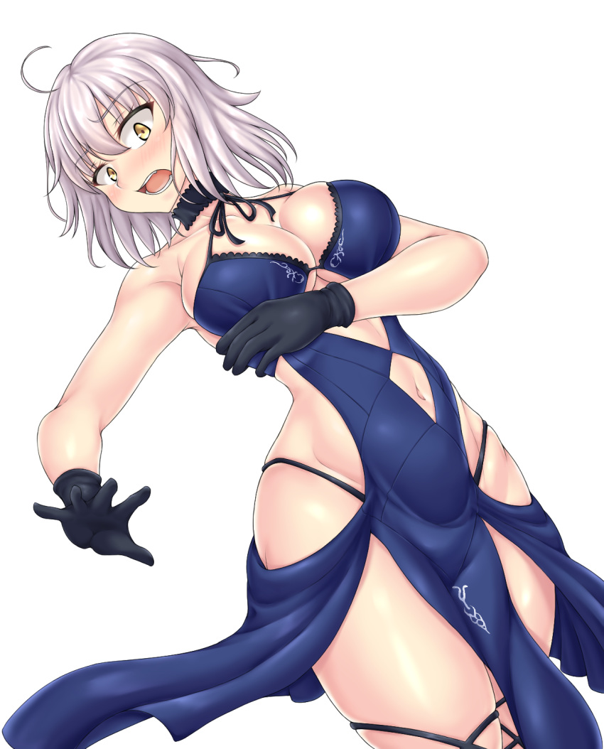 1girl ahoge alternate_costume artoria_pendragon_(all) artoria_pendragon_(swimsuit_rider_alter) artoria_pendragon_(swimsuit_rider_alter)_(cosplay) bangs black_gloves blue_dress breasts center_opening choker cleavage commentary_request cosplay dress dutch_angle eyebrows_visible_through_hair fate/apocrypha fate/grand_order fate_(series) gloves halter_dress hiballista highleg highleg_panties highres jeanne_d'arc_(alter)_(fate) jeanne_d'arc_(fate)_(all) lace lace_choker large_breasts leg_garter navel navel_cutout open_mouth panties short_hair silver_hair skindentation solo tsurime underwear white_background yellow_eyes