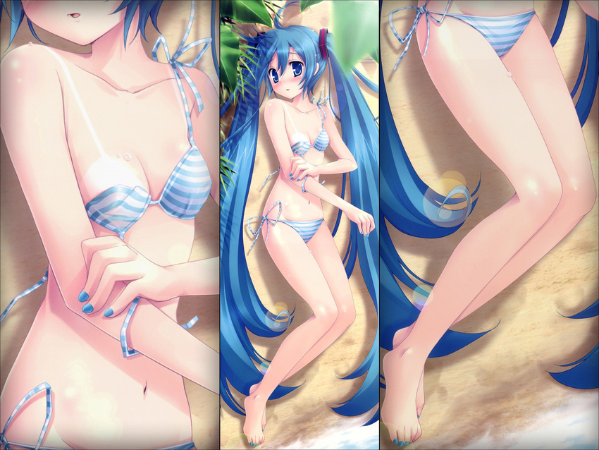 :o ahoge arm_grab bangs barefoot beach bikini bikini_pull blue_eyes blue_hair blurry blush breasts cleavage close-up depth_of_field embarrassed feet fingernails flat_chest from_above hands hatsune_miku head_tilt highres ikegami_akane leaf legs lens_flare long_hair looking_at_viewer lying nail_polish navel on_back on_ground open_mouth outdoors parted_bangs sand scrunchie side-tie_bikini small_breasts string_bikini striped striped_bikini striped_swimsuit swimsuit tan tanline twintails untied very_long_hair vocaloid wallpaper water wet zoom_layer