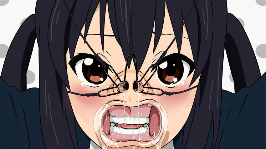 bdsm black_hair brown_eyes drooling k-on! long_hair nakano_azusa nose_hair nose_hook pov saliva school_uniform snot solo tears teeth twintails