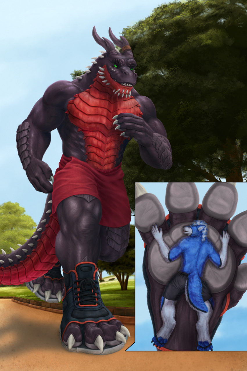 absurd_res animal_humanoid anthro black_bottomwear black_clothing black_shorts blue blue_pawpads blue_toes bottomwear canid canine canis clothing day dragon duo duo_focus feet flattened foot_fetish foot_focus foot_play footwear green_eyes group hi_res horn humanoid macro male male/male mammal markings micro orange park pawpads plant red red_bottomwear red_clothing red_shorts running scalie scalie_humanoid shoe_laces shoes shoes_on shorts sidmonthebear spiked_tail spikes spikes_(anatomy) stomped stomping syrrik tail tail_markings tree white wolf younakalibo