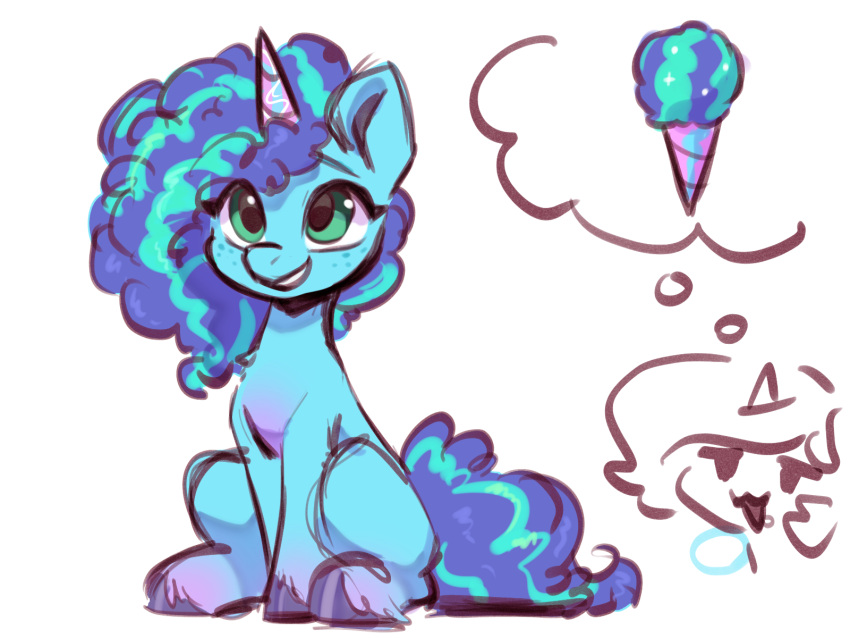 afro blue_body blue_hair blue_hooves blue_tail dessert equid equine eyebrows female feral food freckles green_eyes hair hasbro hi_res hooves horn ice_cream mammal misty_(g5) mlp_g5 multicolored_hair my_little_pony oofycolorful simple_background sitting smile two_tone_hair two_tone_tail unicorn unicorn_horn white_background