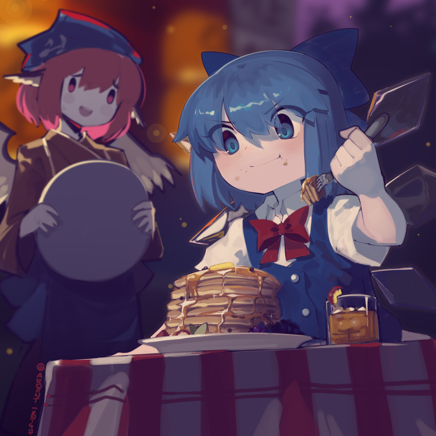 2girls :t animal_ears apron berry bird_ears bird_wings blank_eyes blue_apron blue_bow blue_dress blue_eyes blue_hair blurry blurry_background blush blush_stickers boa_(brianoa) bow bowtie brown_kimono butter buttons cirno closed_mouth collared_shirt commentary cup dress eating english_commentary eyes_visible_through_hair feathered_wings food food_on_face fork hair_bow highres holding holding_fork holding_tray honey ice ice_wings japanese_clothes kimono mug multiple_girls mystia_lorelei okamisty open_mouth pancake pancake_stack pink_eyes pink_hair plate red_bow red_bowtie shirt short_hair short_sleeves sitting smile smug syrup table touhou touhou_mystia's_izakaya tray twitter_username v-shaped_eyebrows white_shirt wing_collar wings