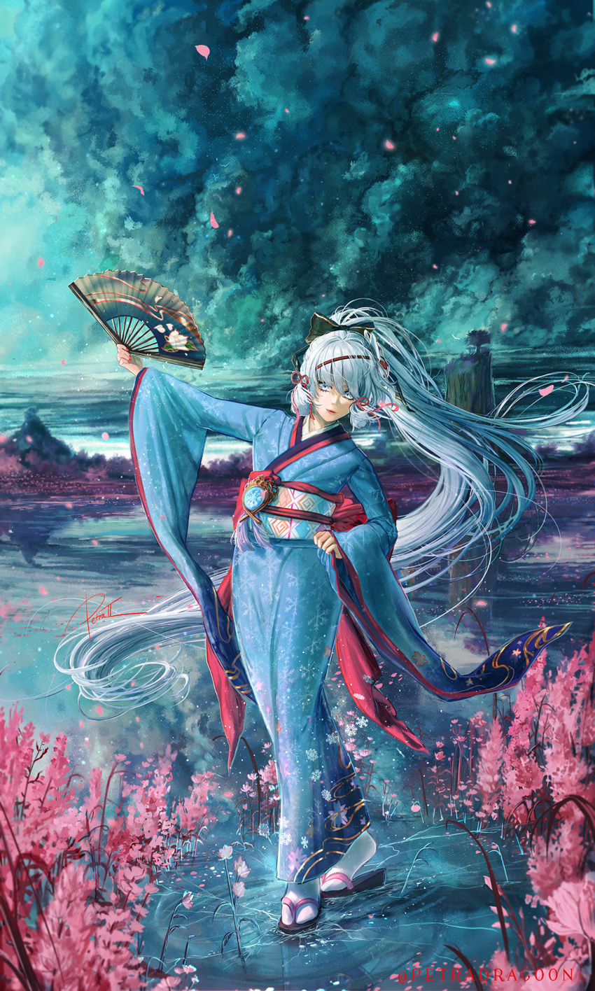 1girl arm_up artist_name bangs blue_eyes blue_hair blue_kimono blunt_bangs cherry_blossoms crack english_commentary fox_mask frozen_lake genshin_impact hair_ribbon hand_fan highres holding holding_fan japanese_clothes kamisato_ayaka kamisato_ayaka_(sweets_paradise) kimono long_hair long_sleeves looking_at_viewer mask mask_on_head official_alternate_costume petra-ii ponytail ribbon sandals signature smile socks solo tabi tassel very_long_hair vision_(genshin_impact) white_socks wide_sleeves yukata