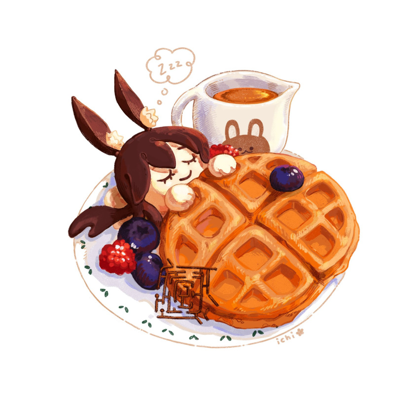 1girl amiya_(arknights) animal_ears arknights blueberry brown_hair chocolate closed_eyes closed_mouth commentary english_commentary food food_focus foodification fruit highres ice_cream ichiknees low_ponytail maple_syrup rabbit_ears raspberry simple_background sleeping smile solo thought_bubble waffle white_background zzz