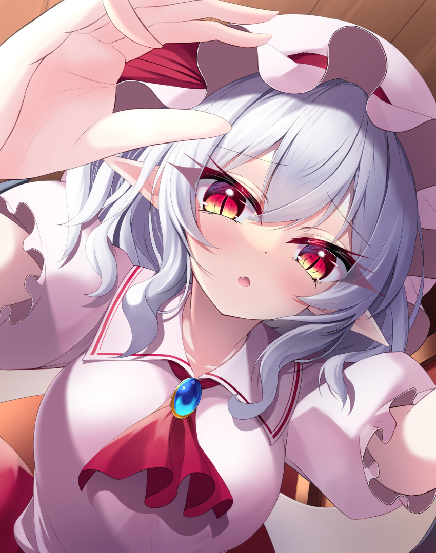 1girl absurdres ascot fang grey_background grey_hair hat hat_ribbon highres looking_at_viewer mob_cap open_mouth pink_headwear pointy_ears red_ascot red_eyes red_ribbon remilia_scarlet ribbon s_vileblood short_hair short_sleeves skin_fang solo touhou upper_body