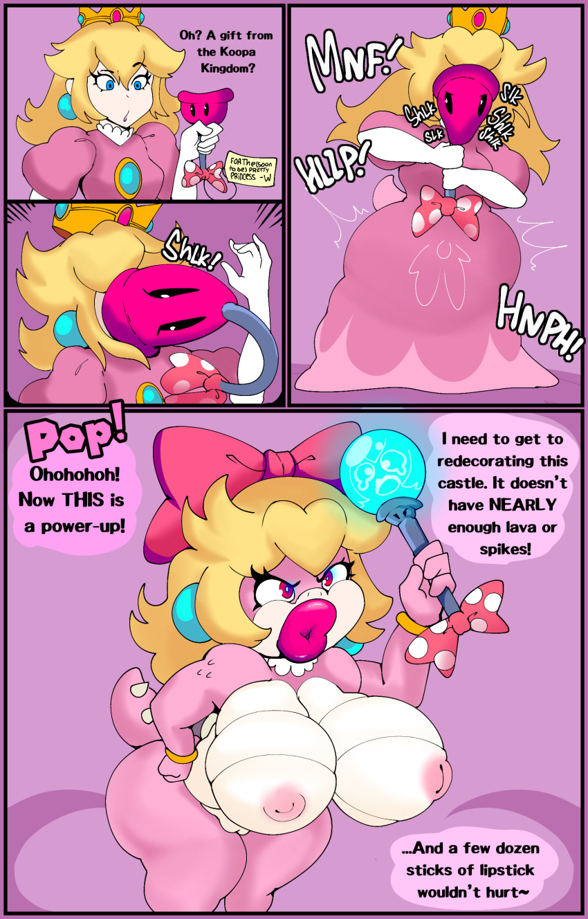 absurd_res anthro big_breasts bimbo_lip bimbofication blonde_hair blue_eyes breasts butt clothed clothing crown digital_media_(artwork) english_text faetomi female genitals hair hi_res human humanoid jewelry koopa koopaling lips lipstick makeup mammal mario_bros nintendo nipples nude open_mouth princess_peach pussy scalie simple_background smile solo species_transformation text thick_lips transformation video_games