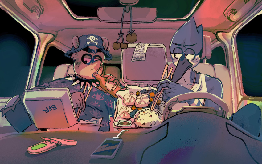 anthro avian bayboyzone bird car cartoon_network charge_cable chopsticks clothing collar duo eating flip_phone food hat headgear headwear hi_res inside_car male mammal mordecai_(regular_show) phone procyonid raccoon regular_show rigby_(regular_show) shirt spiked_collar spikes takeout_box tank_top topwear vehicle