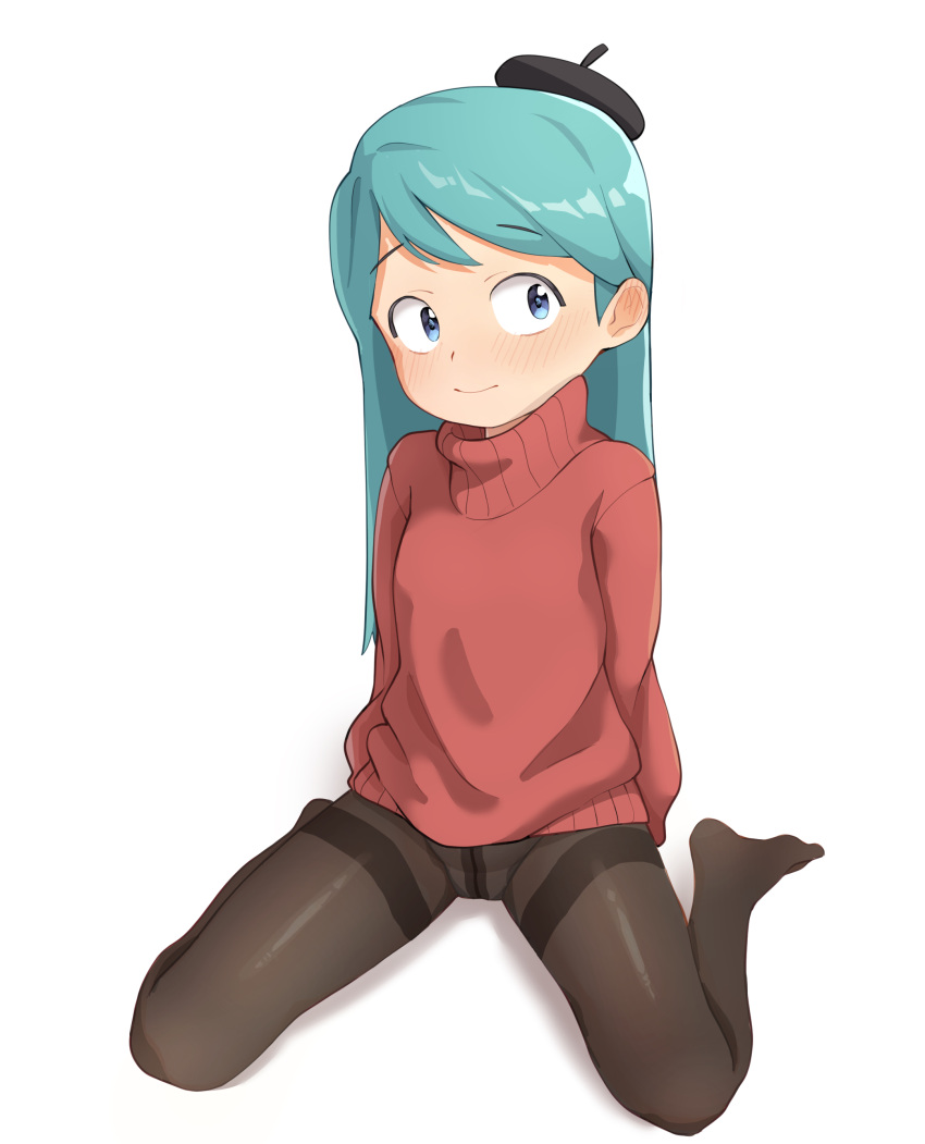 1girl absurdres aqua_hair arms_behind_back bangs beret black_headwear blue_eyes hat highres hilda_(hilda) hilda_(series) light_blush light_smile long_hair long_sleeves looking_to_the_side ludo0109 no_shoes pantyhose pullover red_pullover simple_background sitting solo wariza