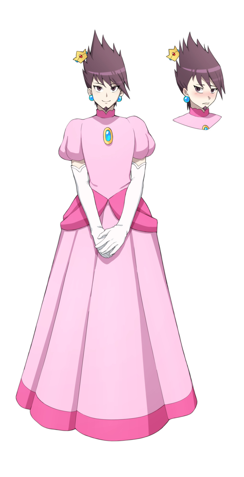 1boy absurdres blush crossdressing crown danganronpa_(series) danganronpa_v3:_killing_harmony dress earrings elbow_gloves facial_hair gloves goatee highres jewelry mario_(series) momota_kaito non-web_source own_hands_together pink_dress princess_peach purple_eyes purple_hair smile solo spiked_hair white_gloves