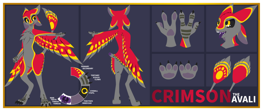4_ears absurd_res ambiguous_gender anthro avali claws crimson_(crimsontheavali) digital_media_(artwork) english_text feathered_wings feathers feet gesture grey_body hi_res hindpaw model_sheet multi_ear nude open_mouth paws pointing poundbandana red_body red_feathers scales simple_background smile smug solo standing text tongue tongue_out wings yellow_body yellow_feathers
