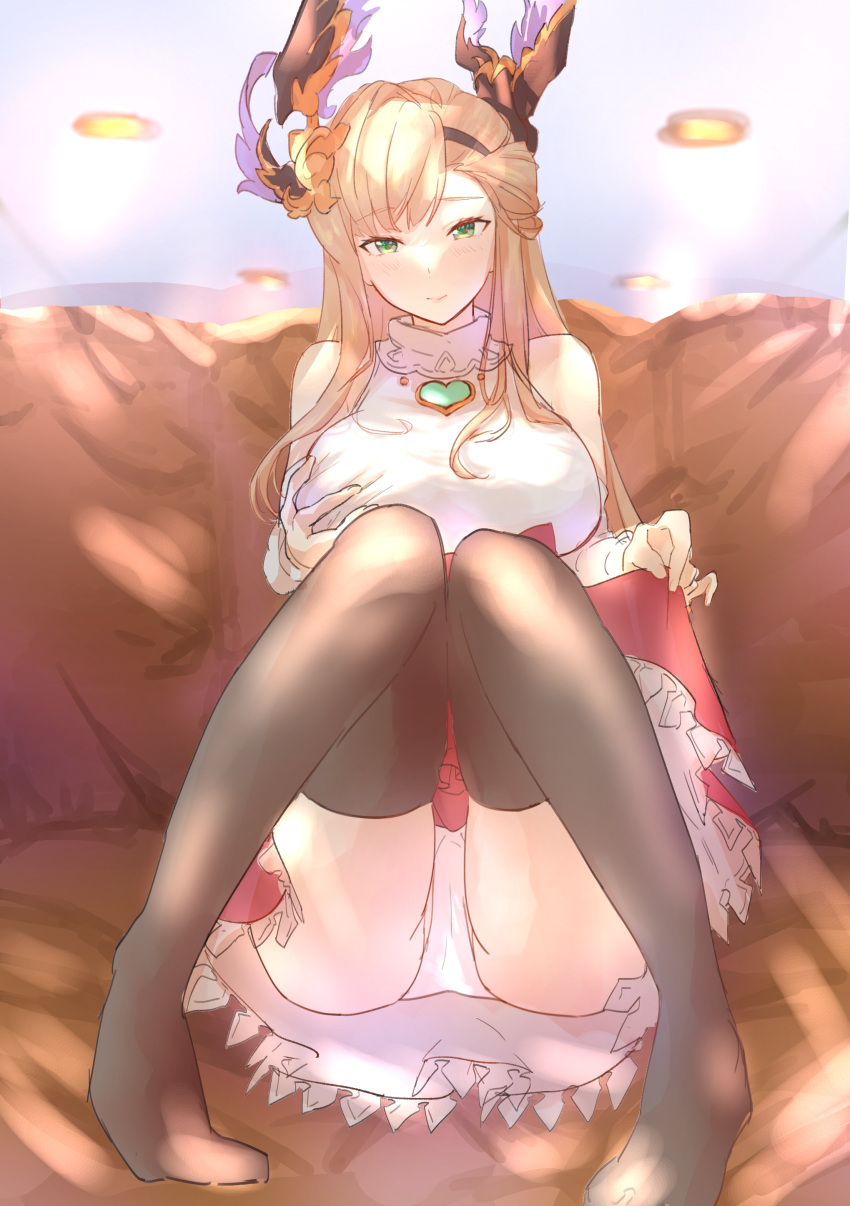 1girl absurdres asymmetrical_bangs bangs bare_shoulders blonde_hair blush breasts brown_thighhighs clarisse_(granblue_fantasy) clarisse_(granblue_fantasy)_(cosplay) clarisse_(soleil_blanc)_(granblue_fantasy) closed_mouth cosplay detached_sleeves grabbing_own_breast granblue_fantasy green_eyes hair_ornament hairband highres knees_up large_breasts legs lips long_hair looking_at_viewer nattsun_(018) no_shoes panties pantyshot red_skirt shirt sitting skirt skirt_hold sleeveless sleeveless_shirt smile solo thighhighs turtle tweyen_(granblue_fantasy) underwear white_panties white_shirt