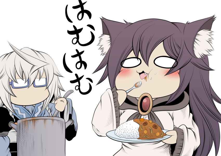 1boy 1girl ahoge breasts chibi commentary_request cookie curry curry_rice eating food glasses hidefu_kitayan highres imaizumi_kagerou morichika_rinnosuke plate rice simple_background spoon touhou translation_request