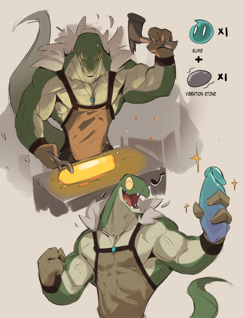 2022 3_fingers anthro apron biped bodily_fluids clothing digital_media_(artwork) dildo eyes_closed fingers gloves green_body hammer handwear hi_res holding_dildo holding_hammer holding_object holding_pliers holding_sex_toy holding_tool male muscular muscular_anthro muscular_male open_mouth open_smile pliers reptile scalie sex_toy smile smithing solo sweat tools veiny_muscles white_body wolfanine yellow_eyes